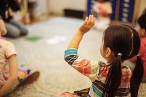 PreK student raising her hand - landscape horizontal flip